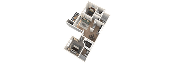A 3D floor plan of a house with a kitchen, living room, and two bedrooms.