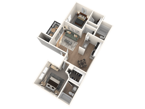 A 3D floor plan of a house with a kitchen, living room, and two bedrooms.