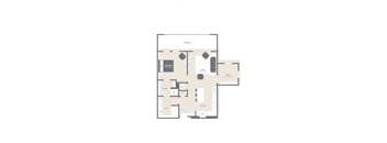 A floor plan of a house with a bedroom, living room, kitchen, and bathroom.