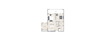A floor plan of a house with a living room, bedroom, den, kitchen, and bathroom.