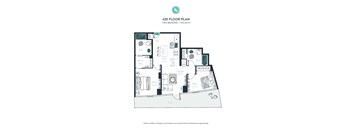 A floor plan of a 420 square foot apartment with two bedrooms and two bathrooms.