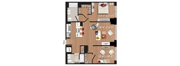 A floor plan of an apartment with a kitchen, living room, and two bedrooms.