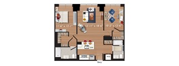 A floor plan of a house with a living room, dining room, kitchen, and bathrooms.
