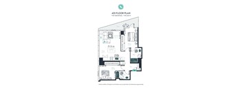 A floor plan of apartment 423 with two bedrooms and two bathrooms.