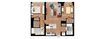 A floor plan of a small apartment with a kitchen, living room, and bathroom.