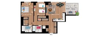 A floor plan of a house with a balcony, dining area, and a reference section.