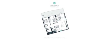 A floor plan of a 405 square foot apartment with two bedrooms and two bathrooms.