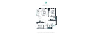 A floor plan of a 23 floor apartment with two bedrooms and two bathrooms.