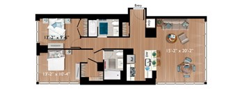 A floor plan of a house with a kitchen, living room, and two bedrooms.