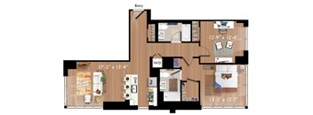 A floor plan of a house with an entry point and a kitchen area.