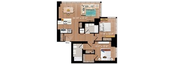 A floor plan of a small apartment with a kitchen, living room, and two bedrooms.