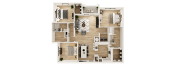 A top-down view of a well-organized apartment layout.