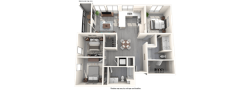 A 3D floor plan of a house with labeled rooms.