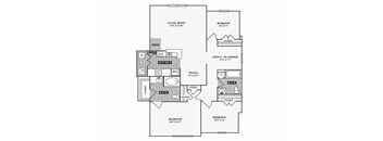 A floor plan of a house with a living room, two bedrooms, a bathroom, and an office/playroom.