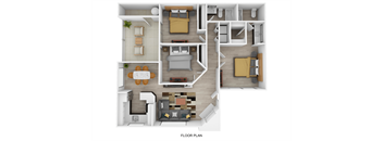 A floor plan of a house with a living room, two bedrooms, a kitchen, and a bathroom.