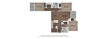 A floor plan of a home with three bedrooms and a living room.