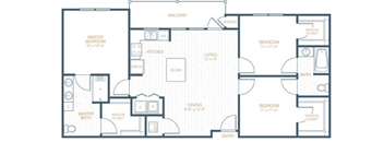 A floor plan of a house with a master bedroom suite, a living room, two bathrooms, a dining room, and two bedrooms.