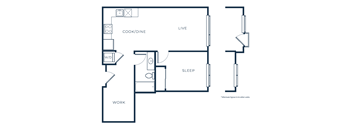 A floor plan of a small apartment with a sleeping area, a living area, a kitchen, and a work area.