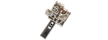 A 3D rendered image of a house layout with a garage and a driveway.