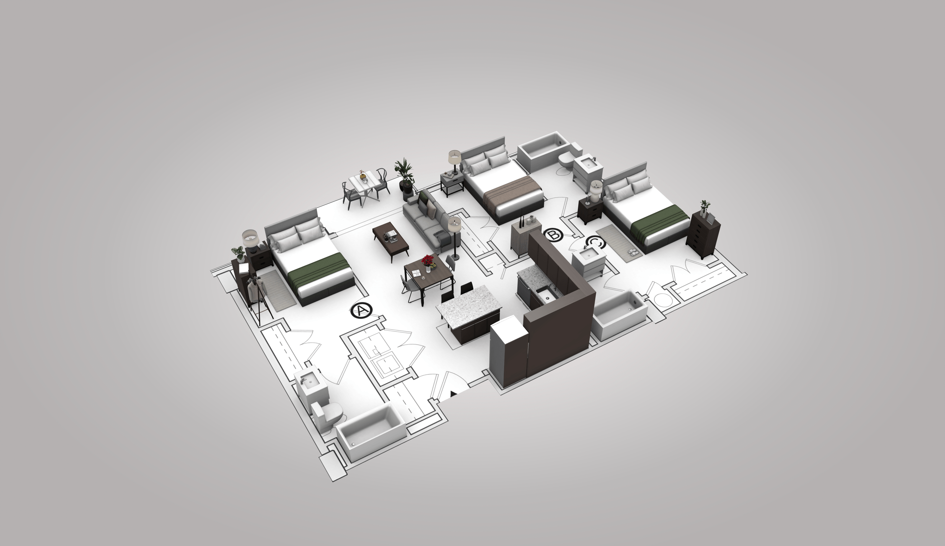 A 3D architectural model of a building complex.