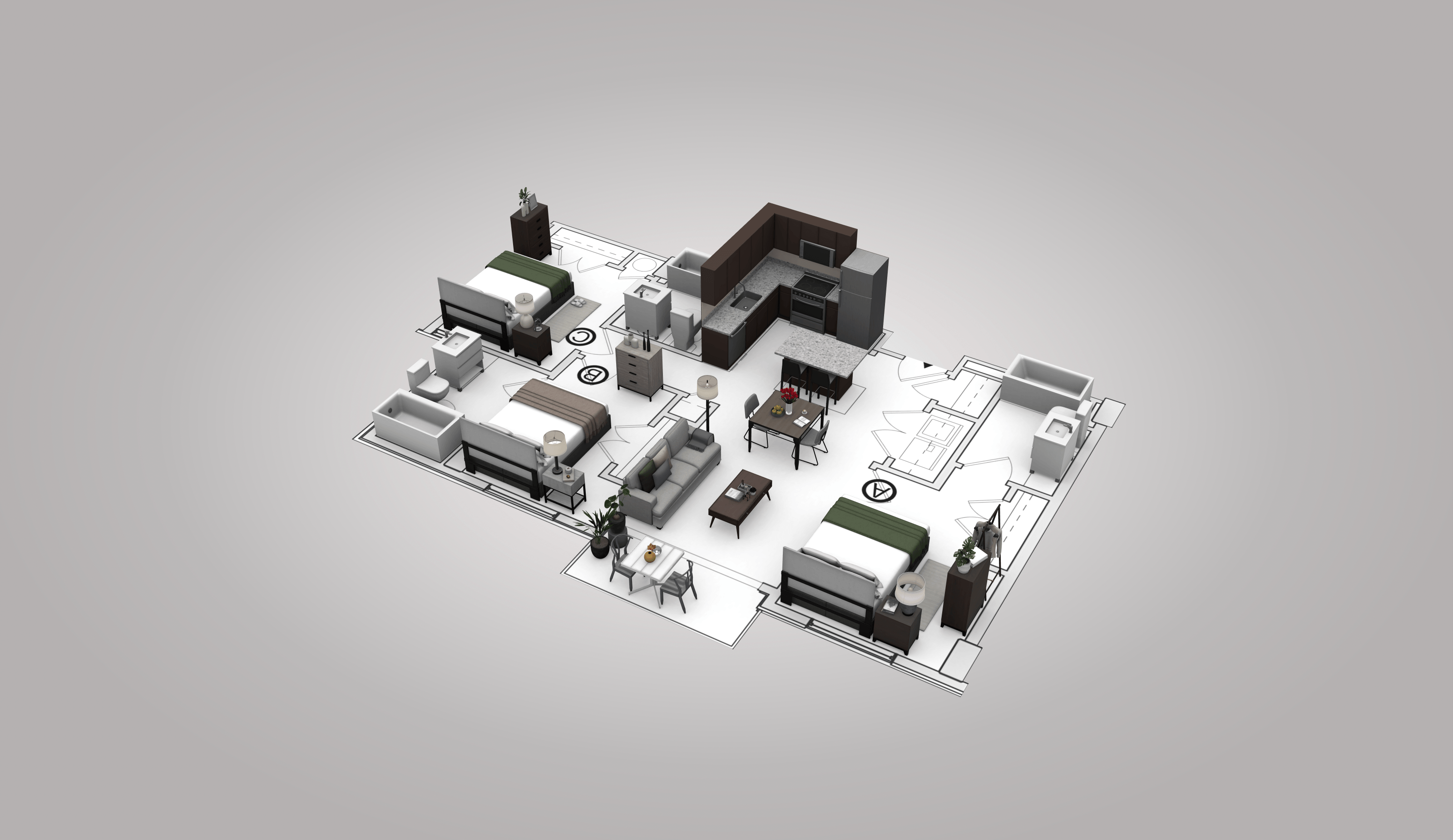 A 3D rendered image of a complex electronic circuit board.