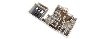A 3D floor plan of a house with a garage and a separate entrance.