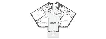 A floor plan of a house with three bedrooms, a living area, a kitchen, a bathroom, a closet, a balcony, and a garage.