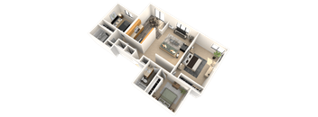 A 3D floor plan of a house layout.