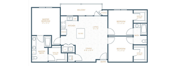 A floor plan of a house with a balcony and two bedrooms.