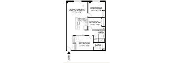 A floor plan of a home with three bedrooms, a living/dining area, a kitchen, and a bathroom.