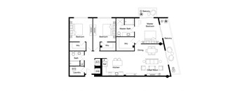 A floor plan of a house with a balcony, two master suites, a dining area, a kitchen, a laundry room, and a great room.