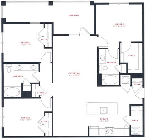 A black and white floor plan of a house with rooms labeled as "REFRESH", "STASH", "CREATE", "WASH", "ENTERTAIN", and "BREATHE".