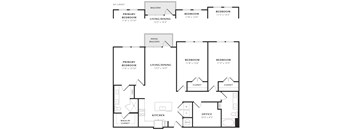 A black and white image of a floor plan for a two-bedroom apartment.