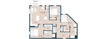 A floor plan of a house with three bedrooms and a living area.