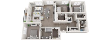 A top-down view of a modern, open-plan apartment with a kitchen, living room, and bedroom.