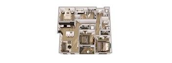 A 3D floor plan of a house with multiple rooms.