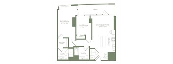 A floor plan of a house with three bedrooms, a living/dining area, a kitchen, and two bathrooms.