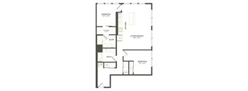 A floor plan of a house with a living room, two bedrooms, a bathroom, and a kitchen.