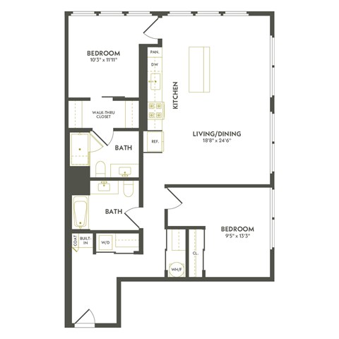 A floor plan of a house with a living room, two bedrooms, a bathroom, and a kitchen.