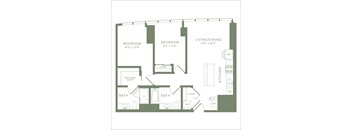 A floor plan of a house with two bedrooms, a living/dining area, a kitchen, two bathrooms, and a walk-thru closet.