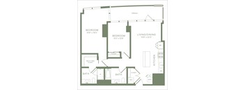 A floor plan of a house with two bedrooms, a living/dining area, a kitchen, and two bathrooms.