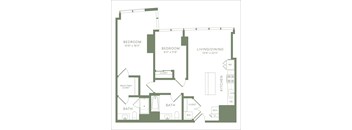 A floor plan of a house with two bedrooms, a living/dining area, a kitchen, two bathrooms, and closets.