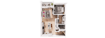 a 3d drawing of a bedroom with a bathroom and a living room