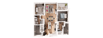 a 3d drawing of a bedroom with a living room and a dining room