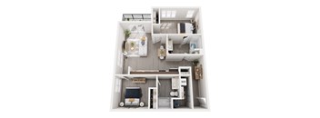 A top-down view of a small apartment layout with a kitchen, living room, and bathroom.
