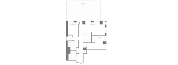 A floor plan of a building with multiple rooms and corridors.