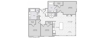 A floor plan of an apartment with two bedrooms, a living room, a kitchen, a bathroom, a pantry, and a walk-in closet.