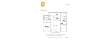 A floor plan for a 3x2.5+Den property with a living room, two bedrooms, a bathroom, kitchen, and closet.