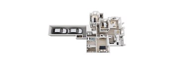 A white model of a house with various rooms.