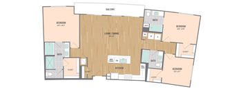 A floor plan of an apartment with two bedrooms, a living area, a kitchen, and a bathroom.